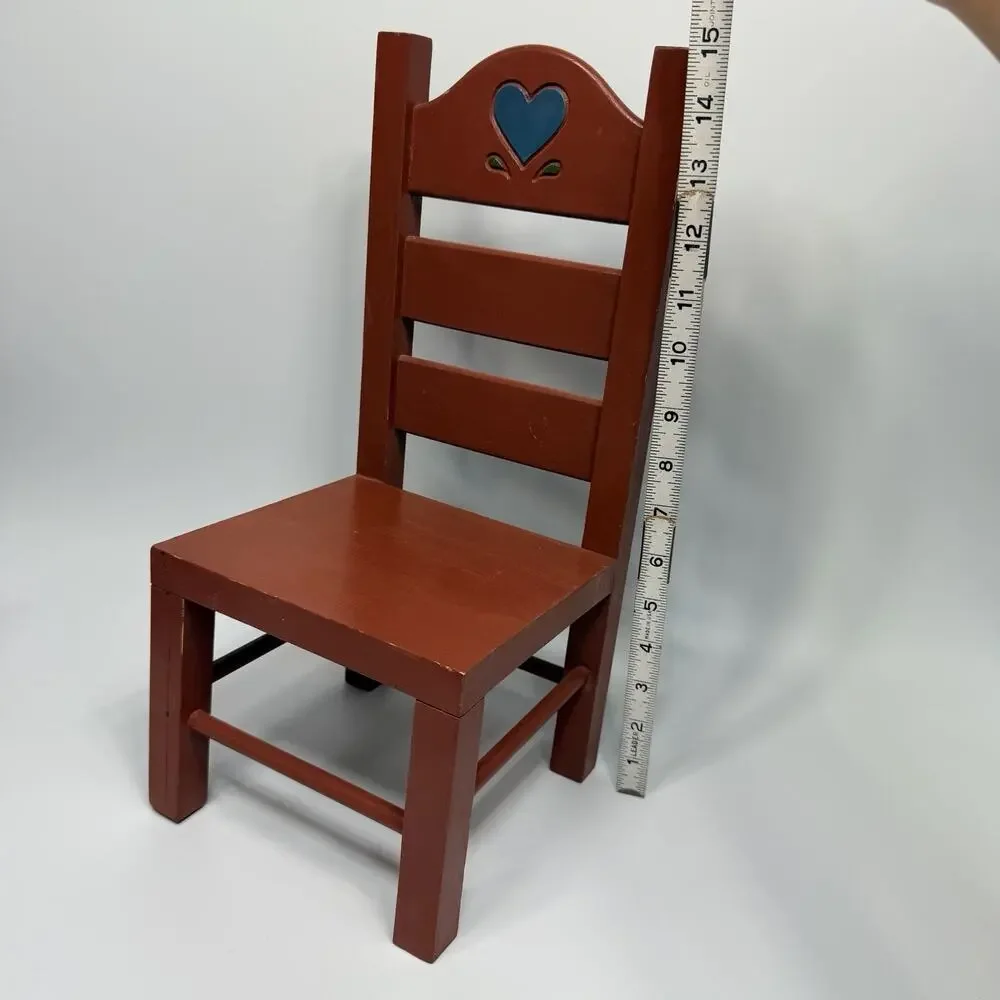 Vtg Cottagecore Miniature Wood Doll Chair Carved Heart Handpainted Red Blue 15